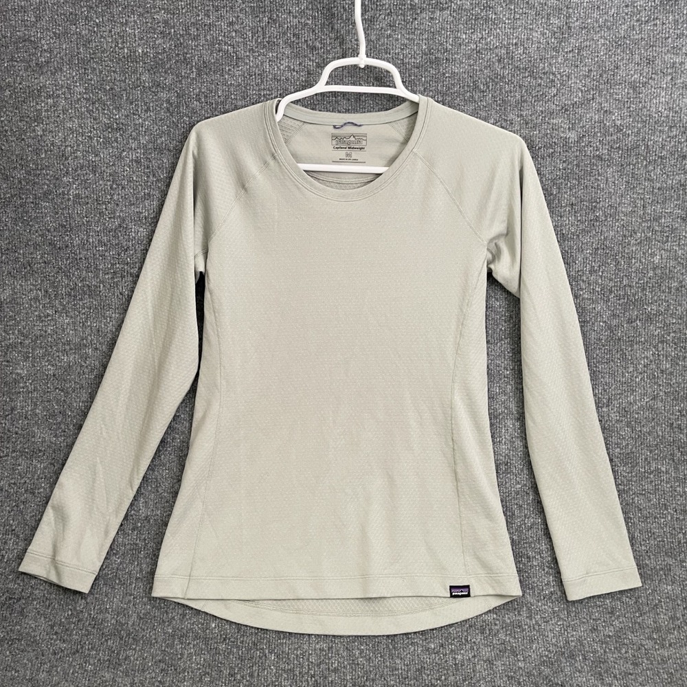 Patagonia Capilene Midweight Crew Neck Base Layer Shirt Women Sz M Green Tan